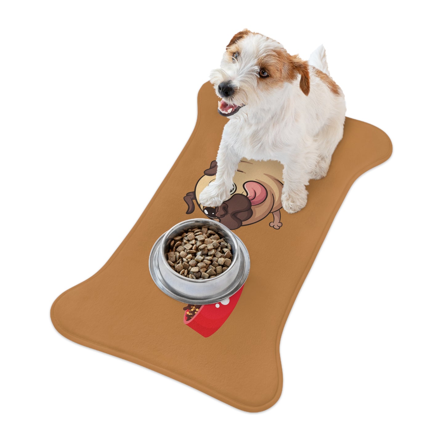 Pet Feeding Mats - Bone Shaped Pet Mat, Running Pug, Brown Background