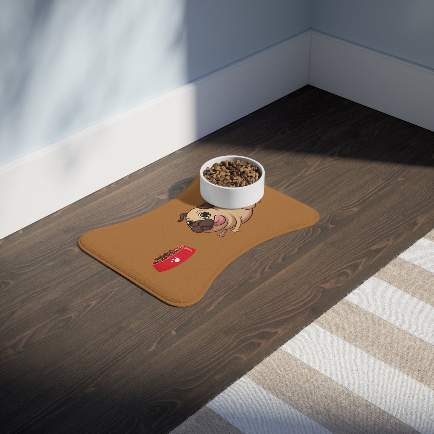 Pet Feeding Mats - Bone Shaped Pet Mat, Running Pug, Brown Background