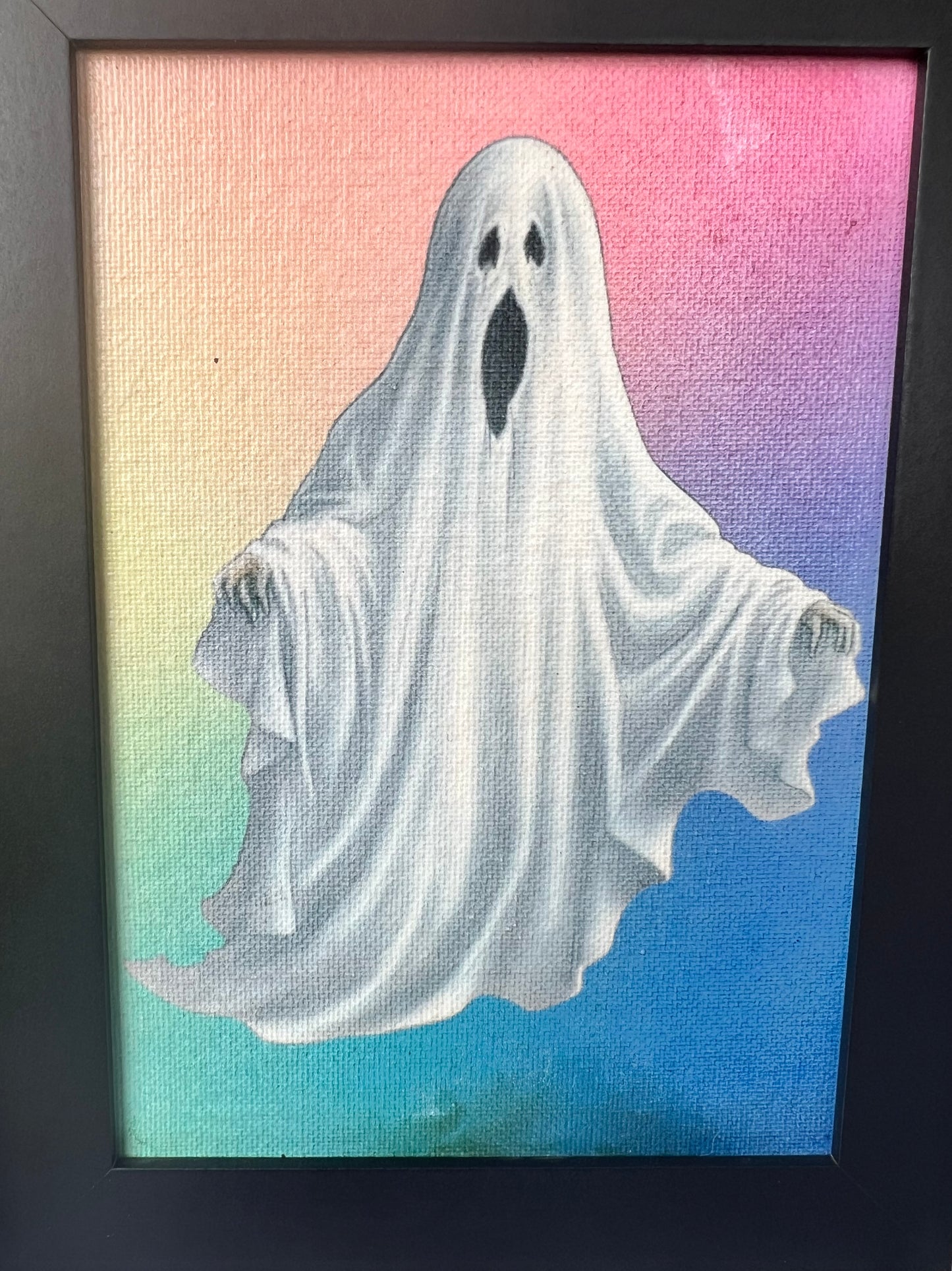 Spooky Ghost, Rainbow Back Ground, 5x7 Framed Print on Canvas Board