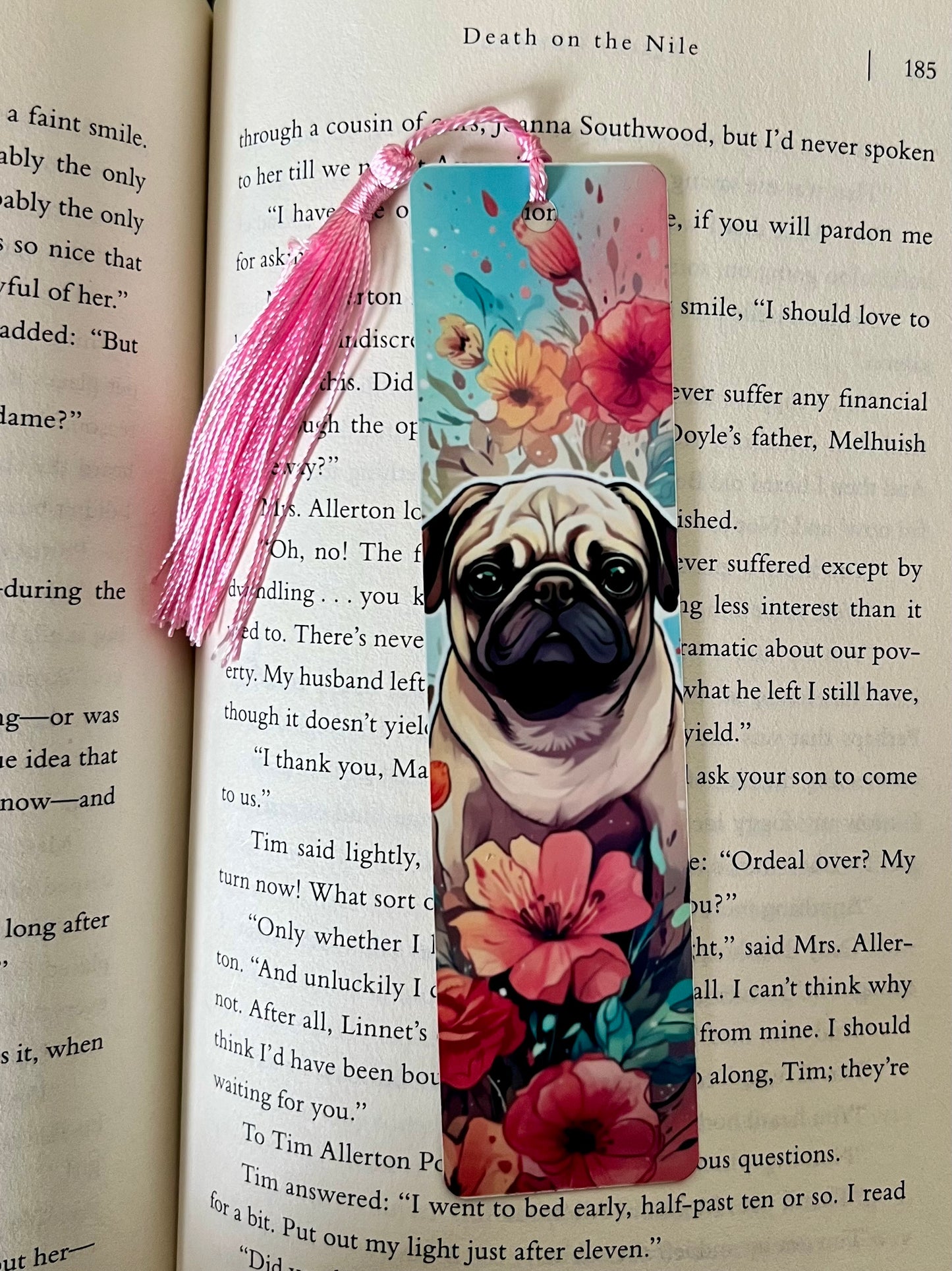 Bookmark - Metal Bookmark 1.5" x 6" with Tassel - Pug and Flowers
