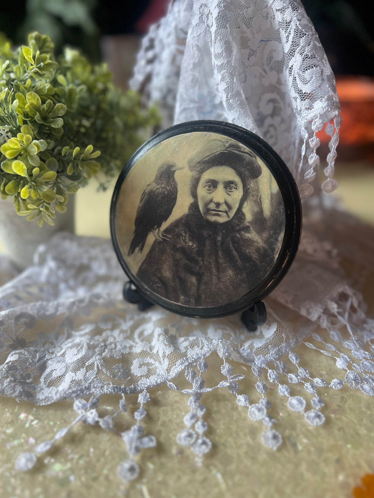 Dark Academia, 1910's Old Woman with Crow, Wooden Plaque, Wall Hanging
