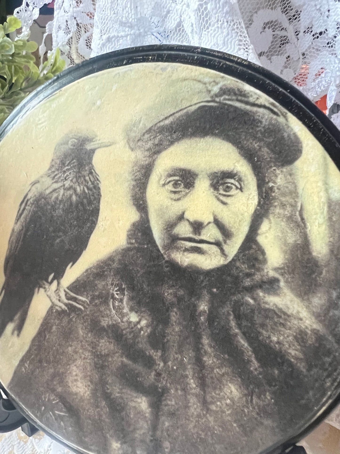 Dark Academia, 1910's Old Woman with Crow, Wooden Plaque, Wall Hanging