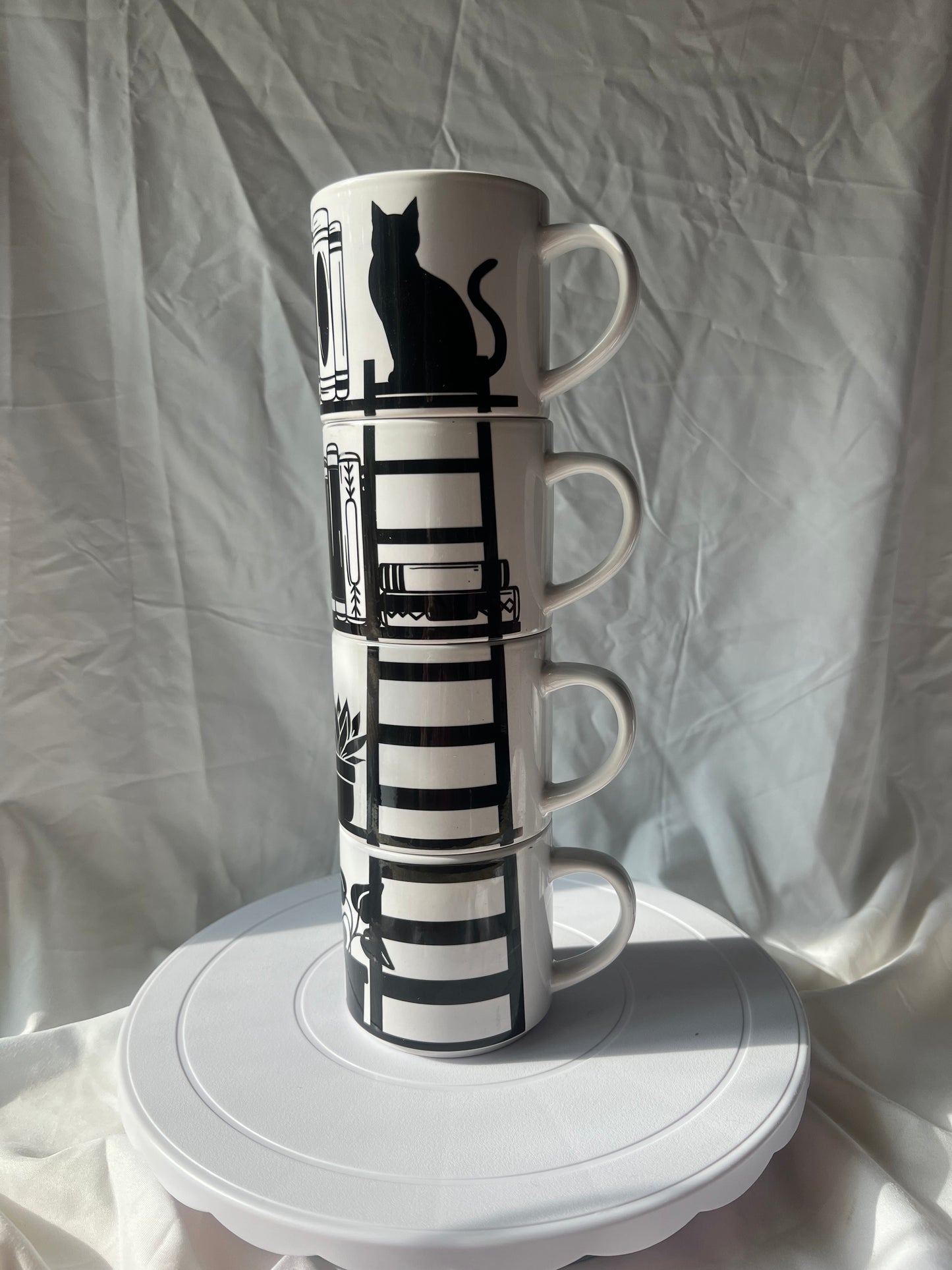 Stackable Mug Set, Library and Cats Four 10 oz Mugs