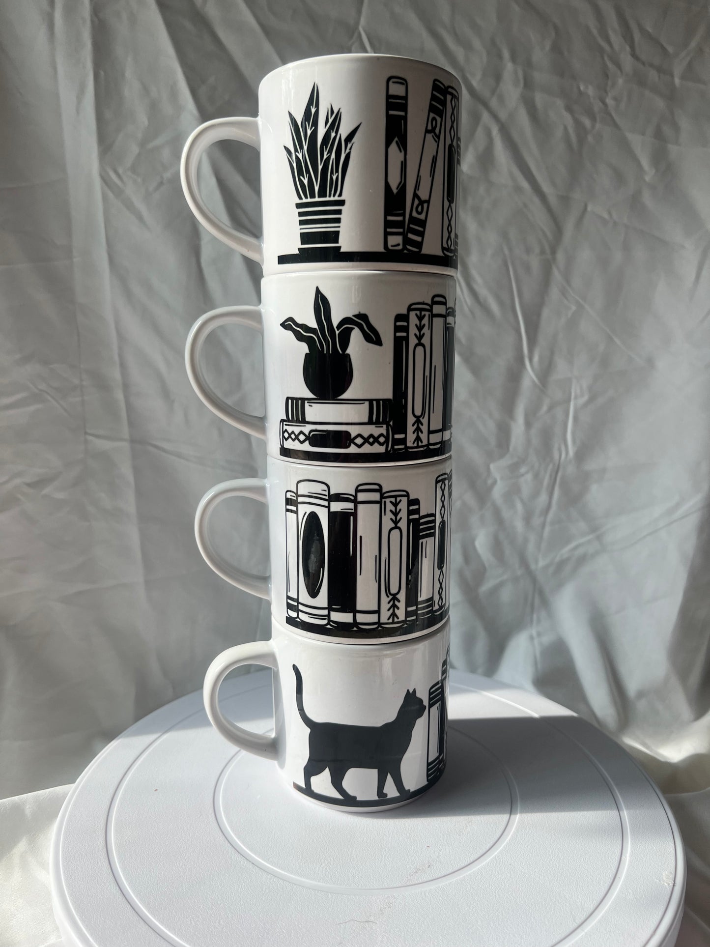 Stackable Mug Set, Library and Cats Four 10 oz Mugs
