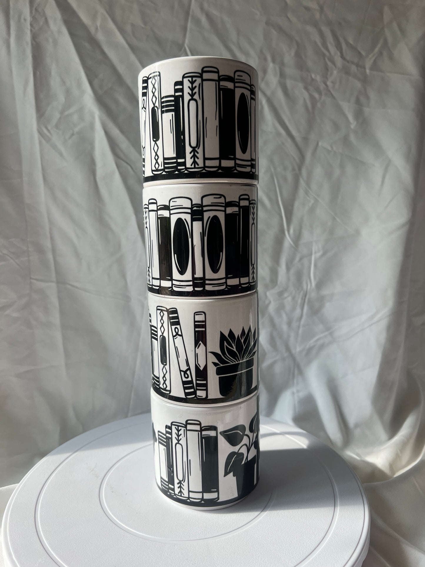 Stackable Mug Set, Library and Cats Four 10 oz Mugs