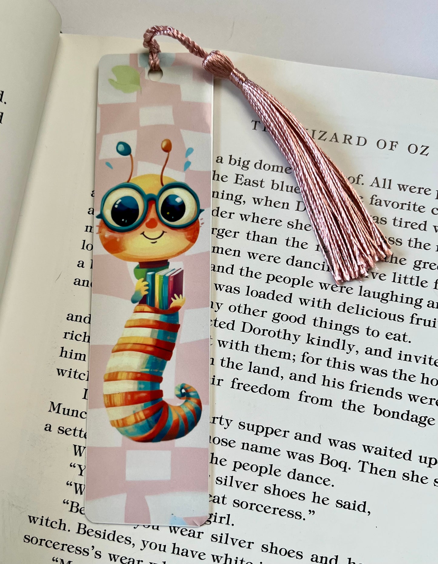 Bookmark - Metal Bookmark 1.5" x 6" with Tassel - Pink Bookworm