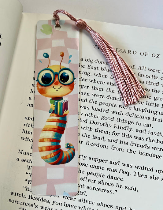 Bookmark - Metal Bookmark 1.5" x 6" with Tassel - Pink Bookworm