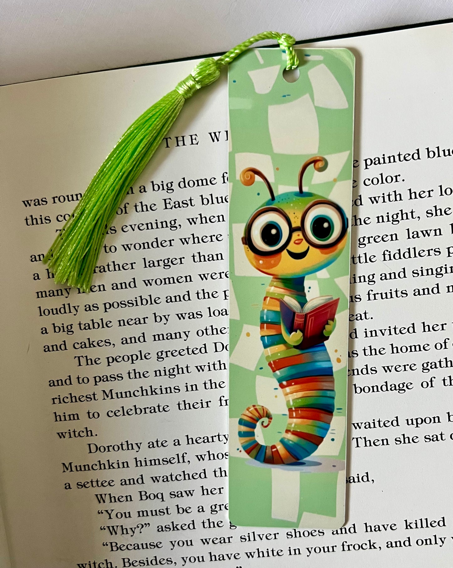 Bookmark - Metal Bookmark 1.5" x 6" with Tassel - Green Bookworm