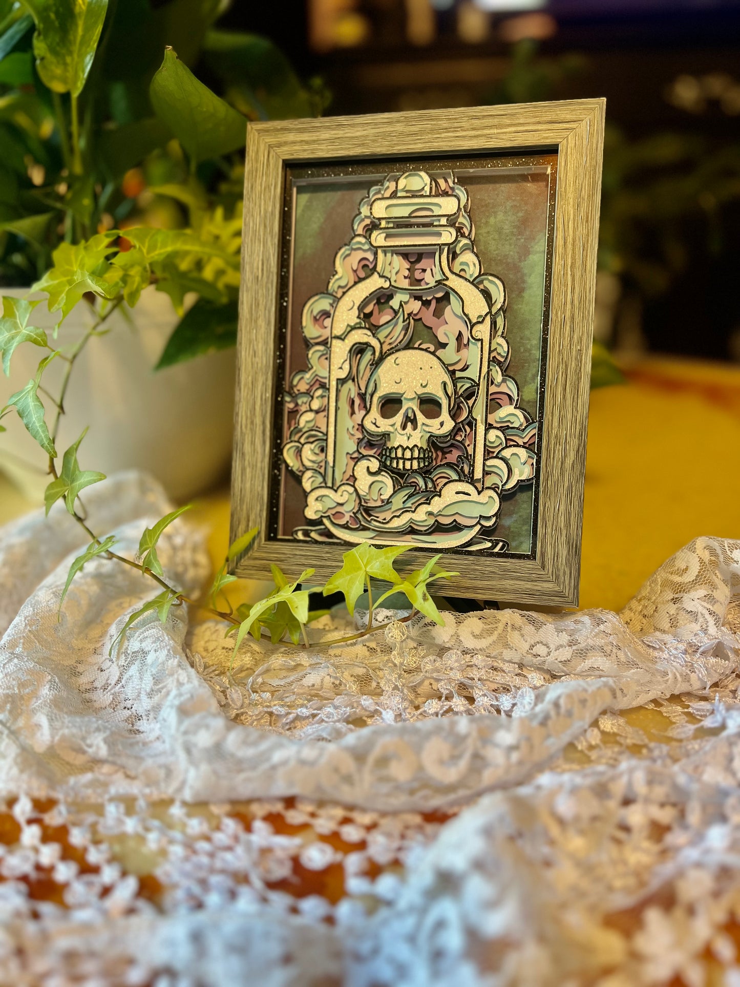 Skull in Apothecary Jar, Shadow Box, Layered Cut Paper Artwork, Framed, 5x7 Wall Hanging