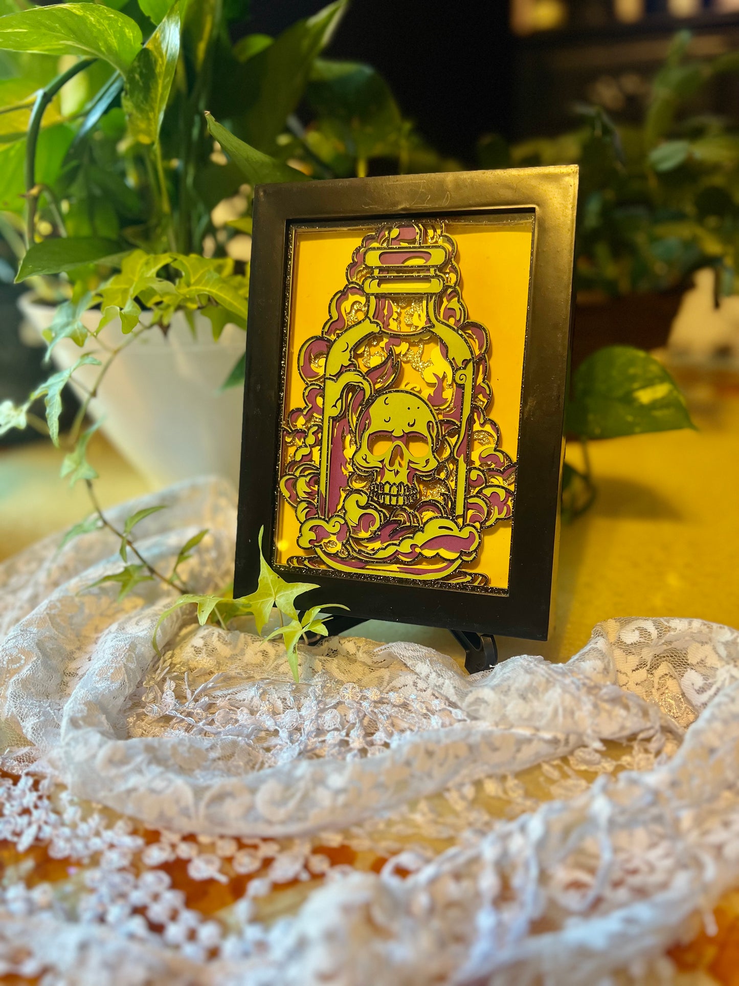 Skull in Apothecary Jar, Shadowbox, Layered Cut Paper Artwork, 5x7 Framed