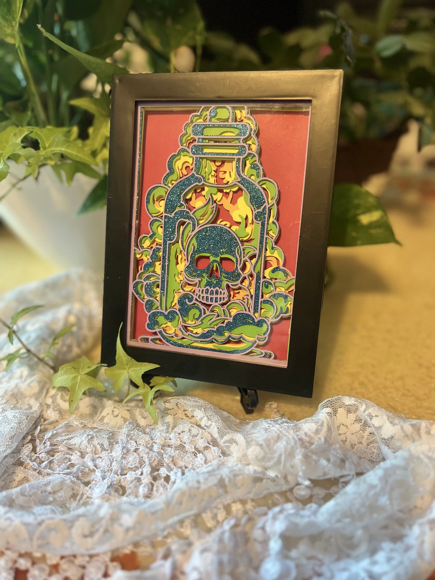 Skull in Apothecary Jar, Shaowbox, Layered Cut Paper Artwork, Framed 5x7