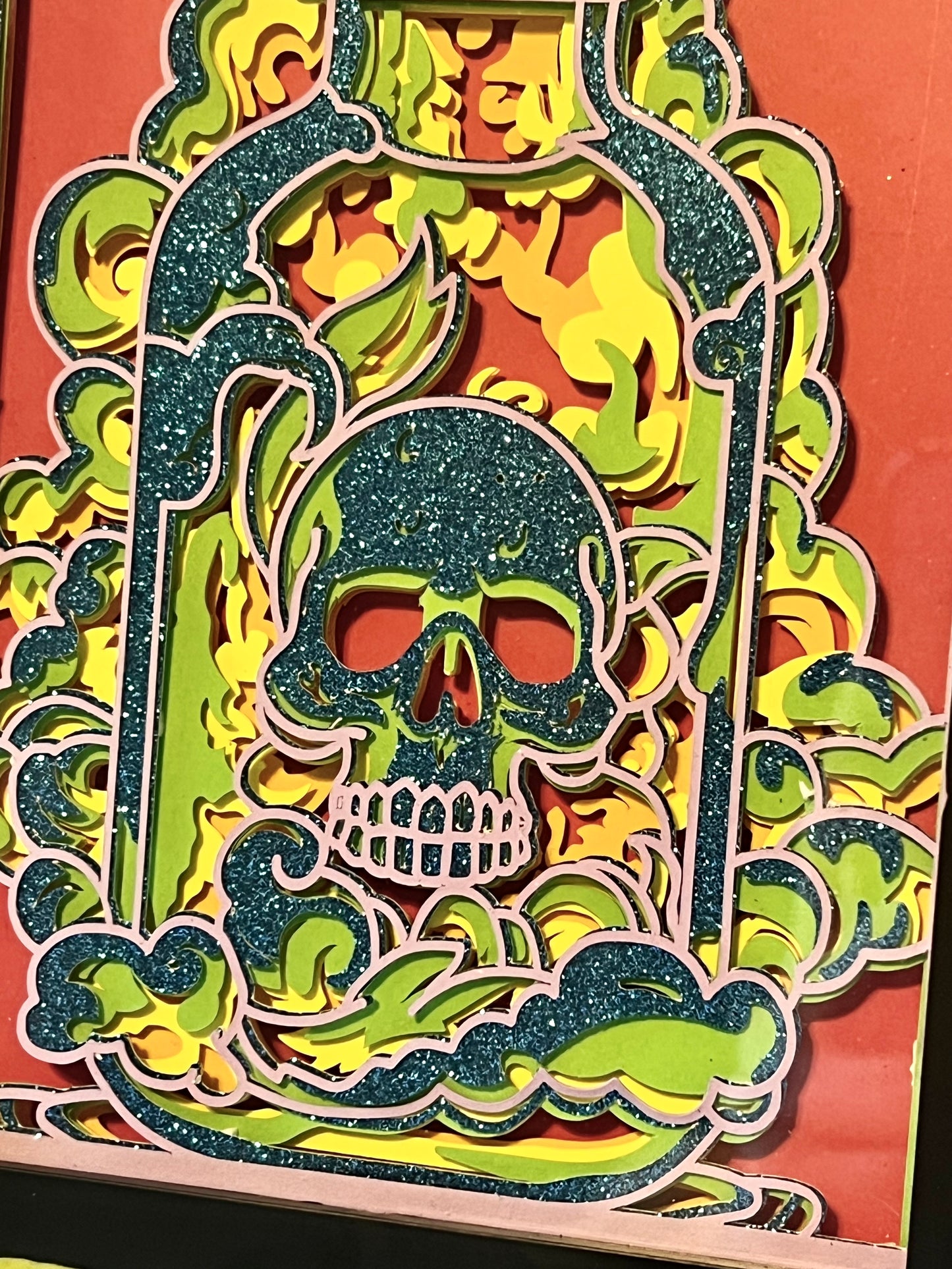 Skull in Apothecary Jar, Shaowbox, Layered Cut Paper Artwork, Framed 5x7