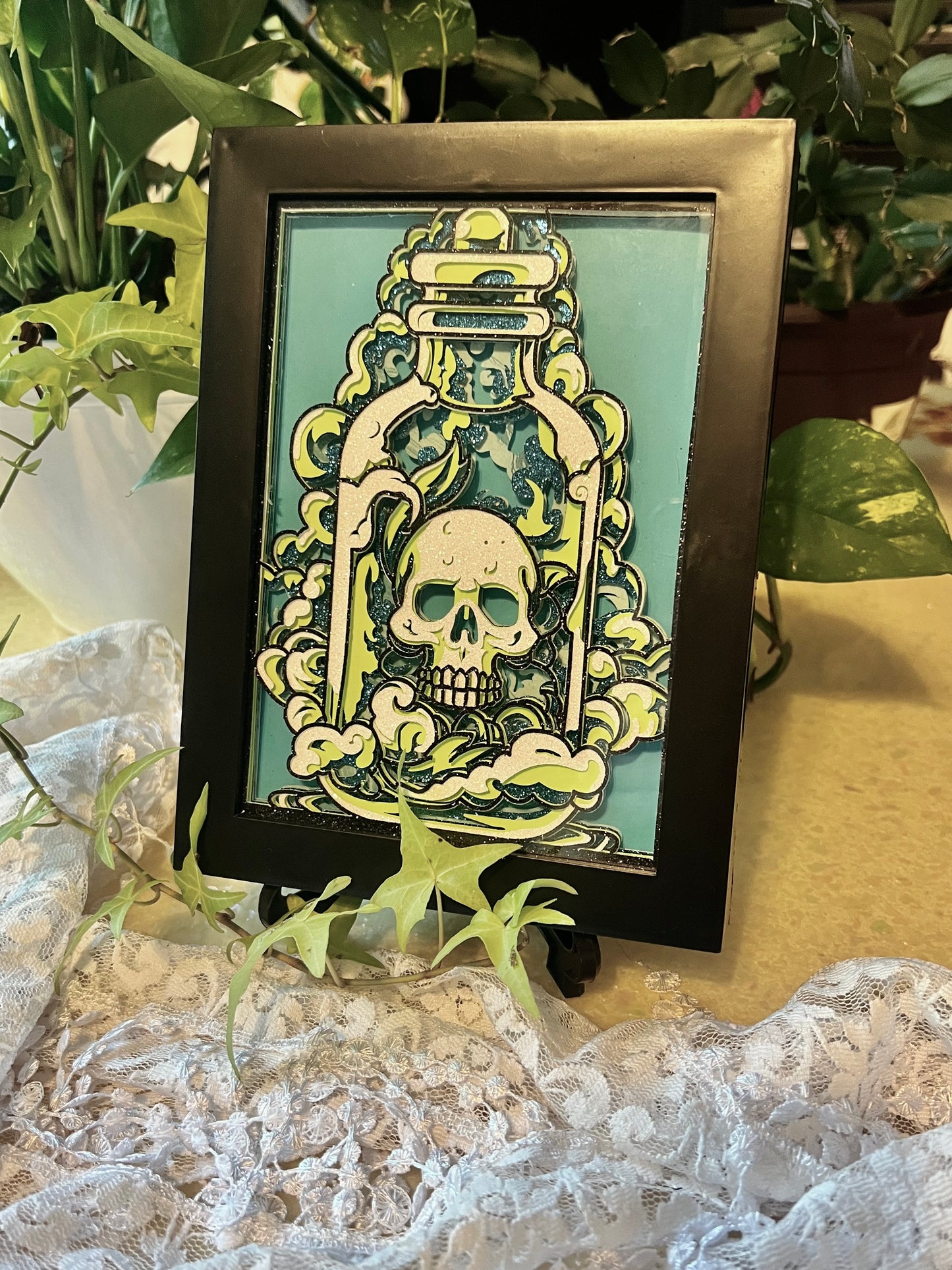 Skull in Apothecary Jar, Shadowbox, Cut Layered Paper Artwork, Wall Hanging 5x7