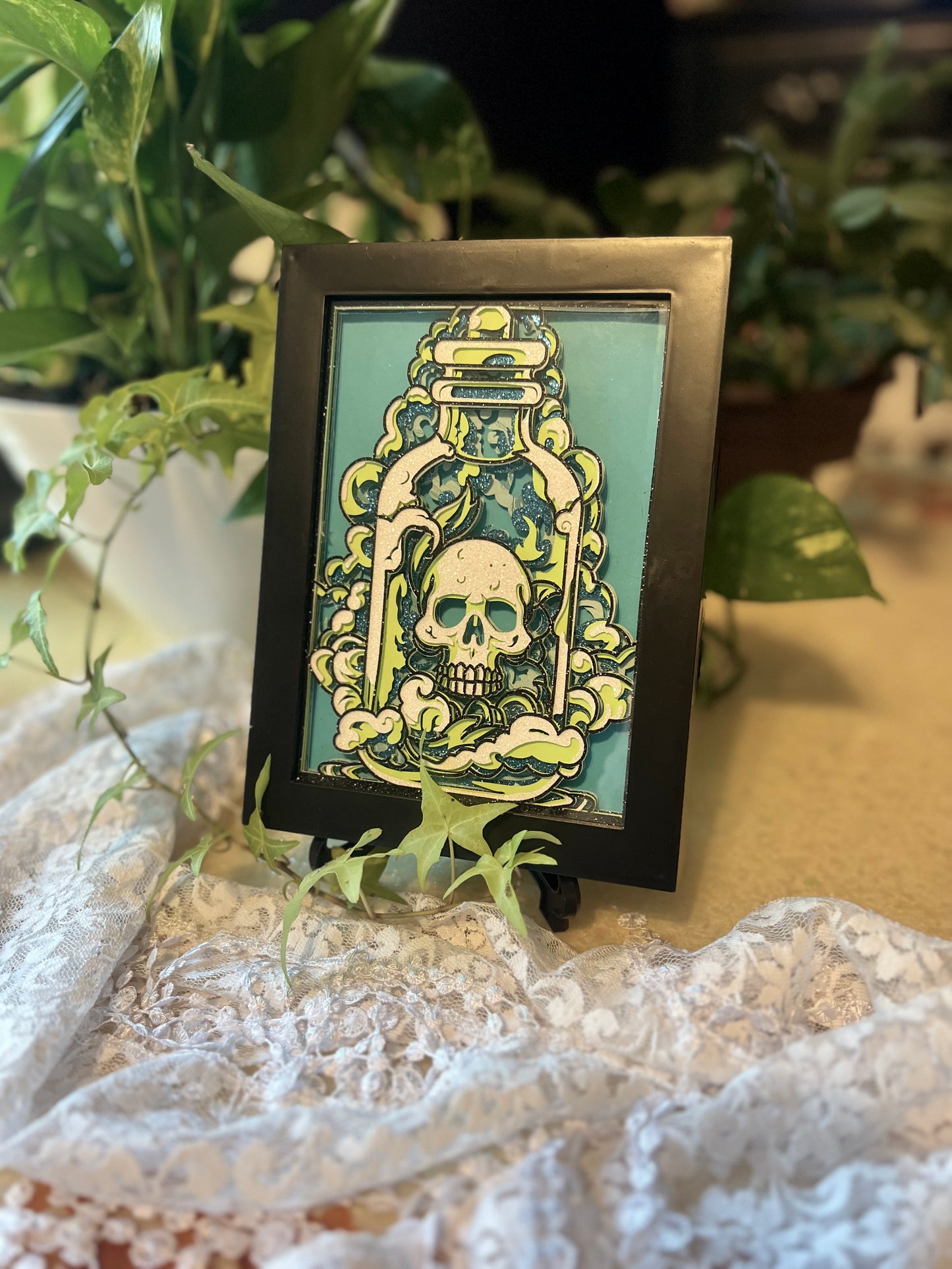 Skull in Apothecary Jar, Shadowbox, Cut Layered Paper Artwork, Wall Hanging 5x7