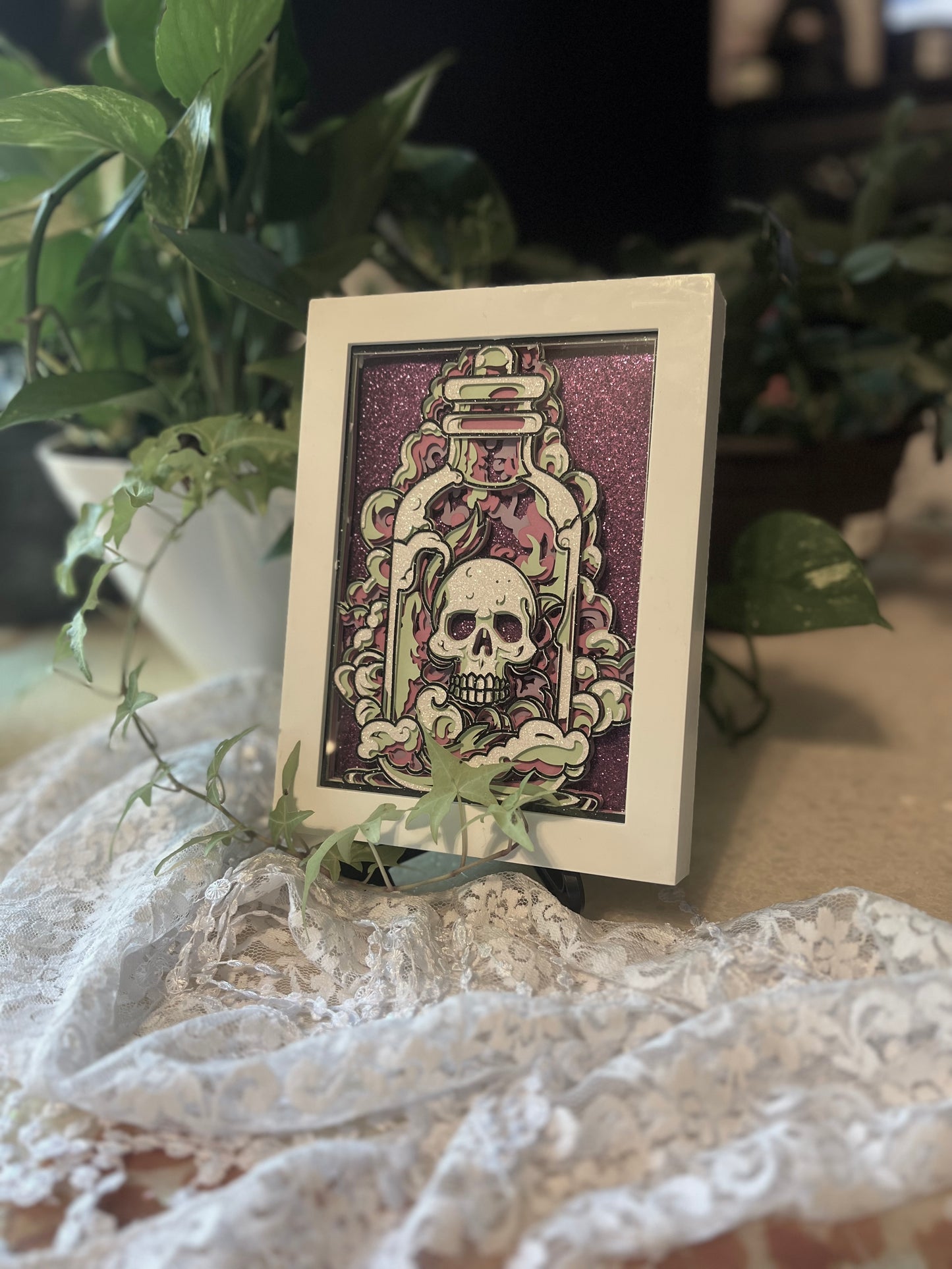 Skull & Apothecary Jar Shadowbox, Cut Paper Layered Artwork 5x7