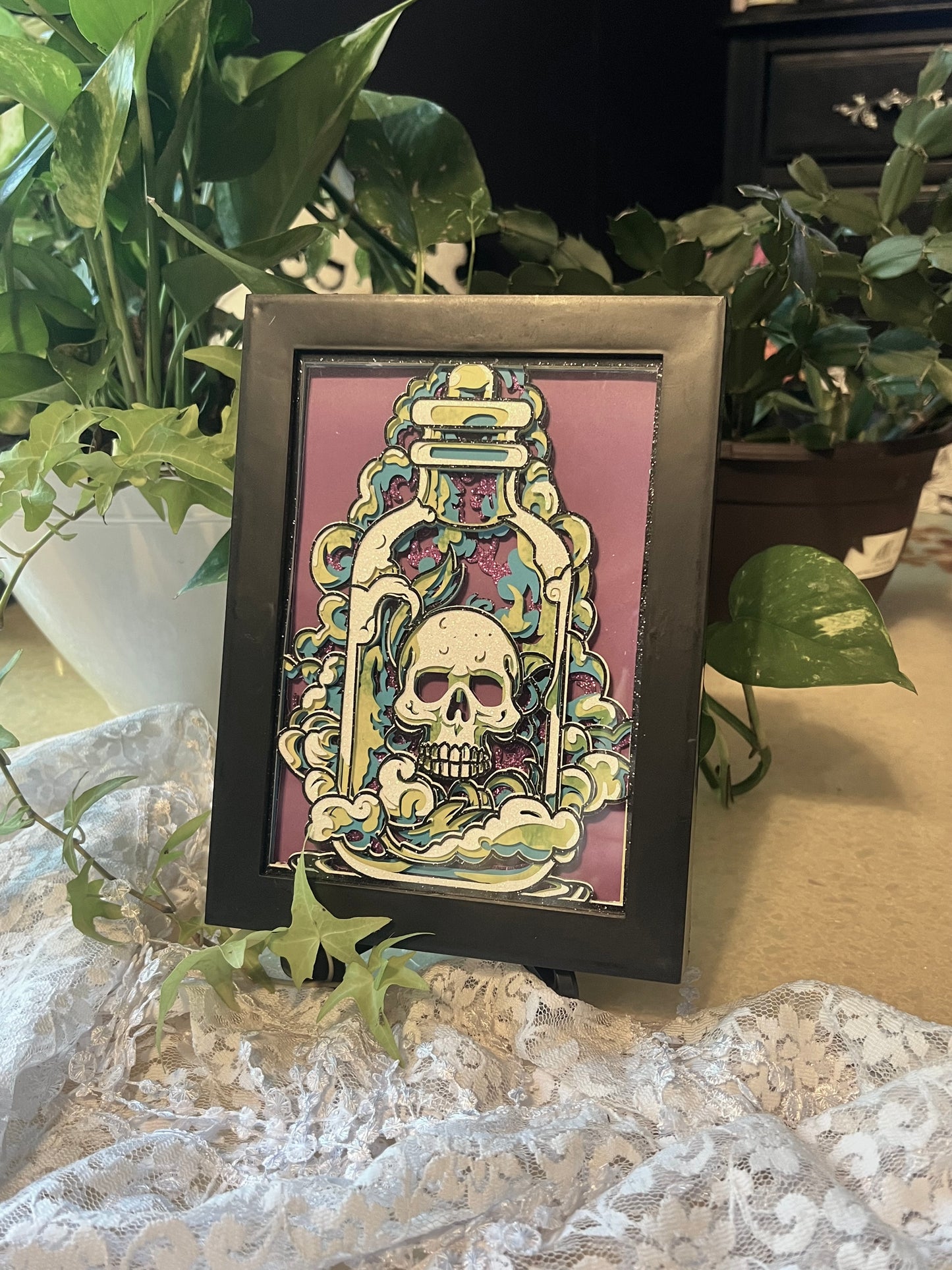 Skull in Apothecary Jar Shadowbox, Cut Paper Artwork 5x7