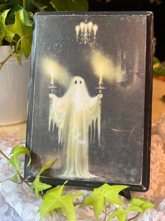 Dark Academia, Spooky Ghost with Candles, Wooden Plaque Wall Hanging