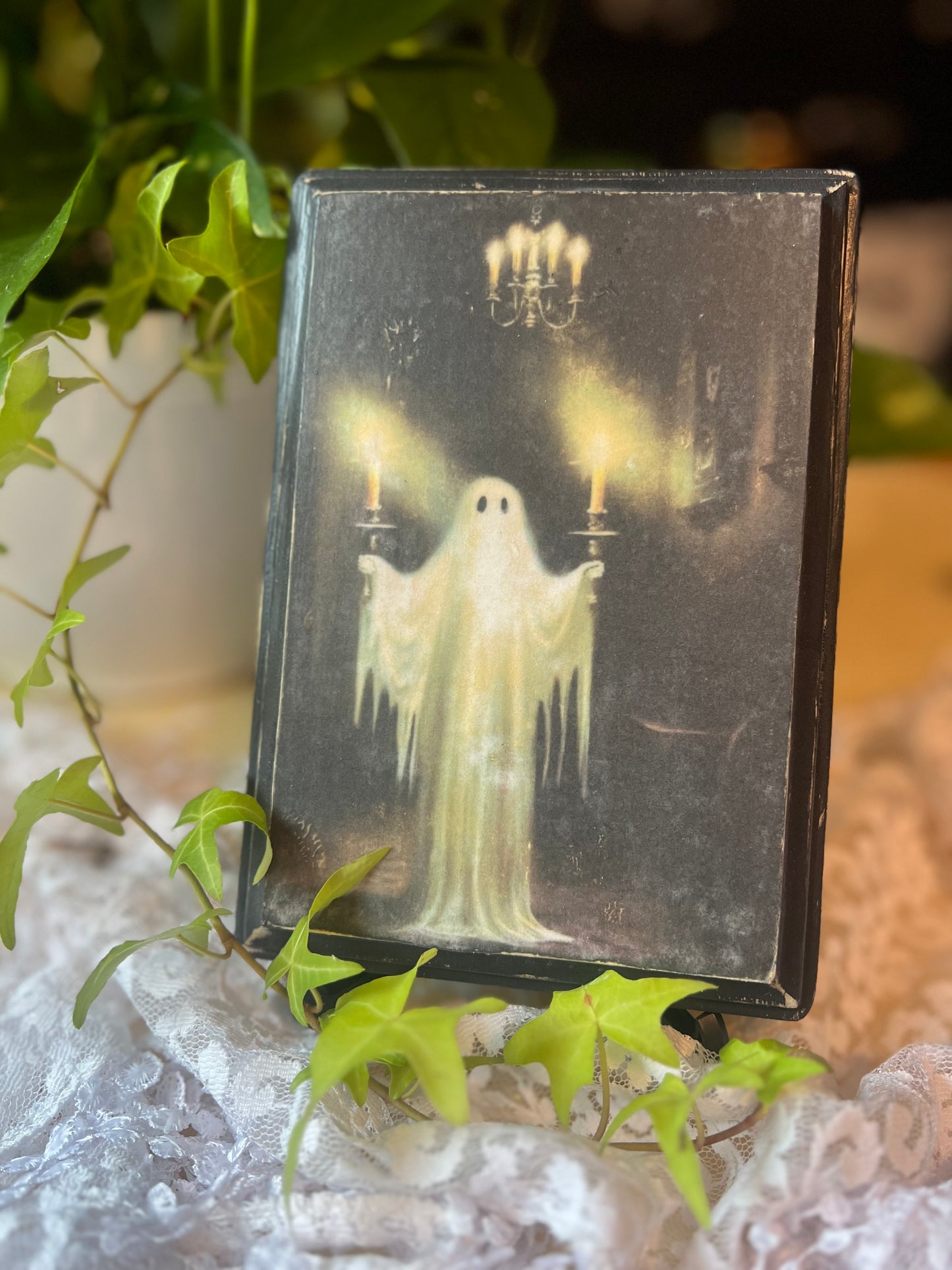 Dark Academia, Spooky Ghost with Candles, Wooden Plaque Wall Hanging