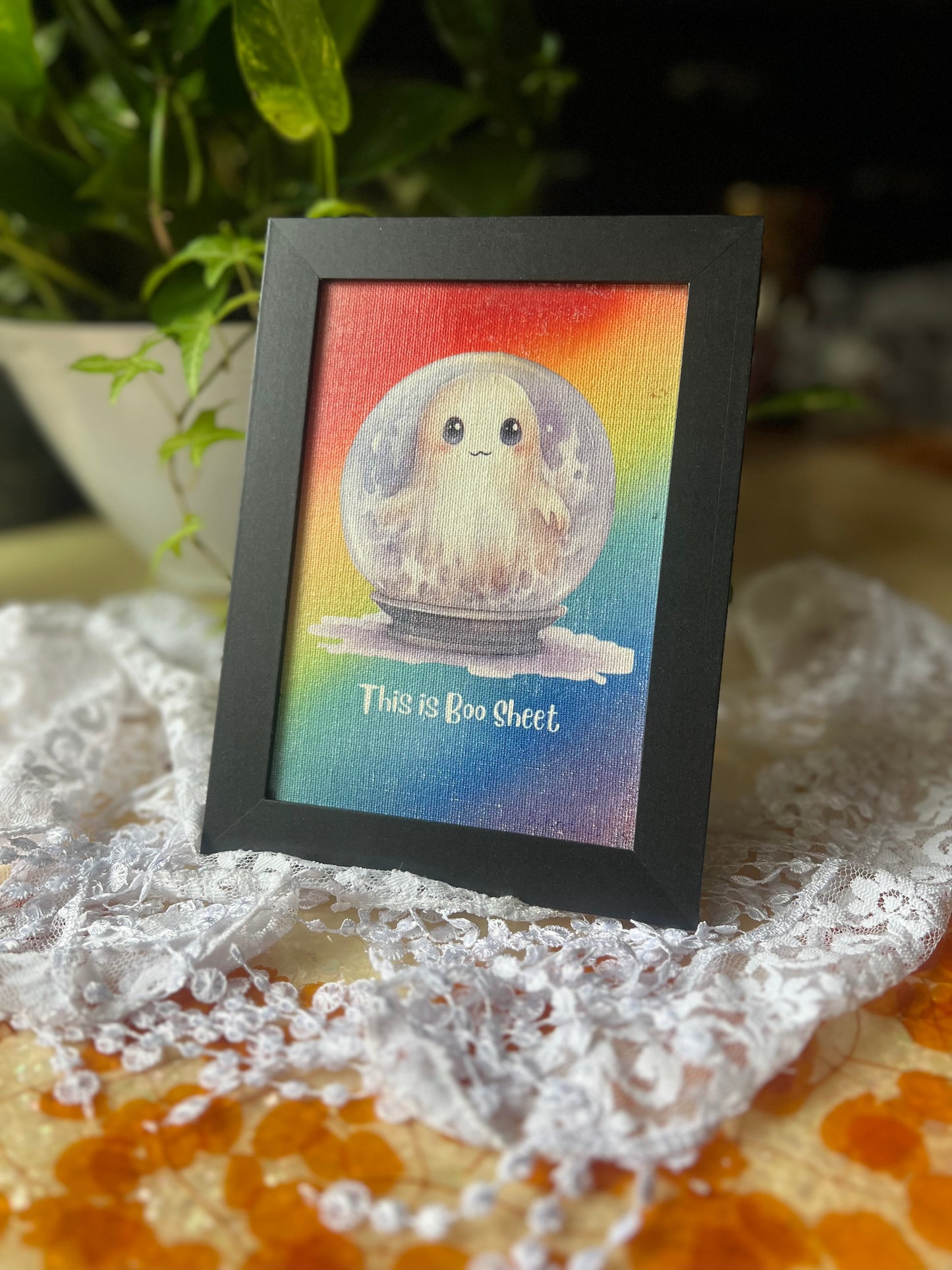Cute Ghost Picture, Framed 5x7 , Tabletop Display or Wall Hanging, Snow Globe Ghost