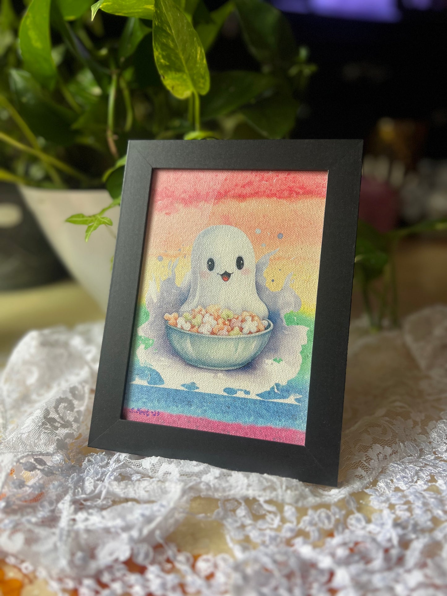 Cute Ghost Picture, Framed, Tabletop Display, Wall Hanging 5x7, Ghost Eating Snacks