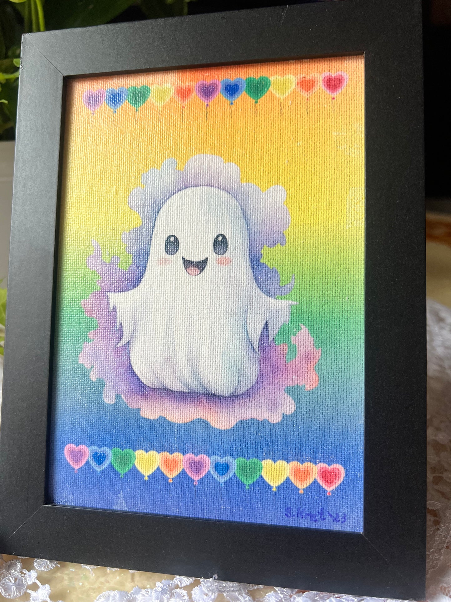 Cute Ghost Picture, Wall Hanging, Tabletop Display, Hearts and Rainbows