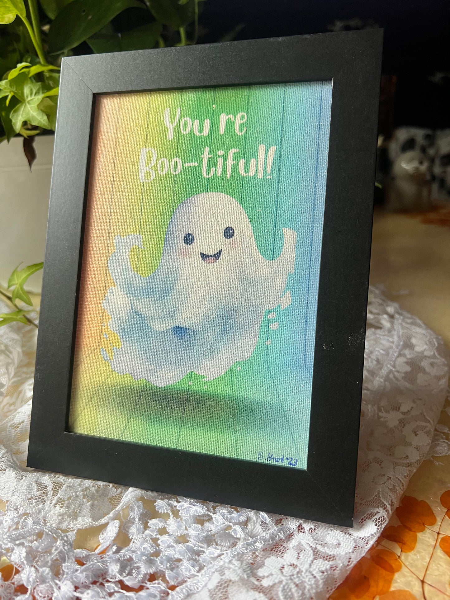 Cute Ghost Picture, Framed Wall Hanging, Tabletop Display, Encouraging, Rainbow