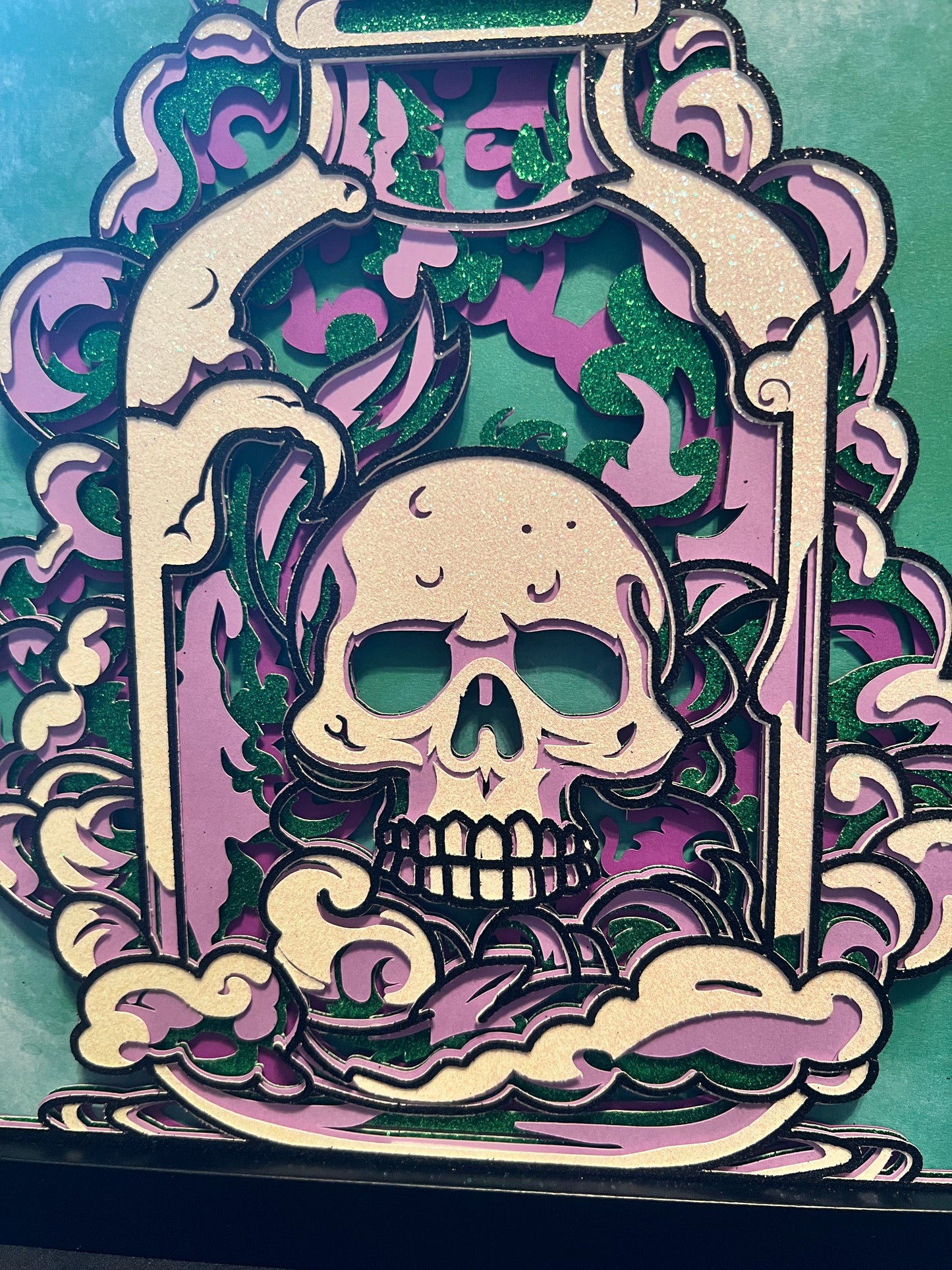 Skull in Apothecary Jar, Layered Cut Paper Artwork, Wall Hanging, Tabletop Display, 8x10"