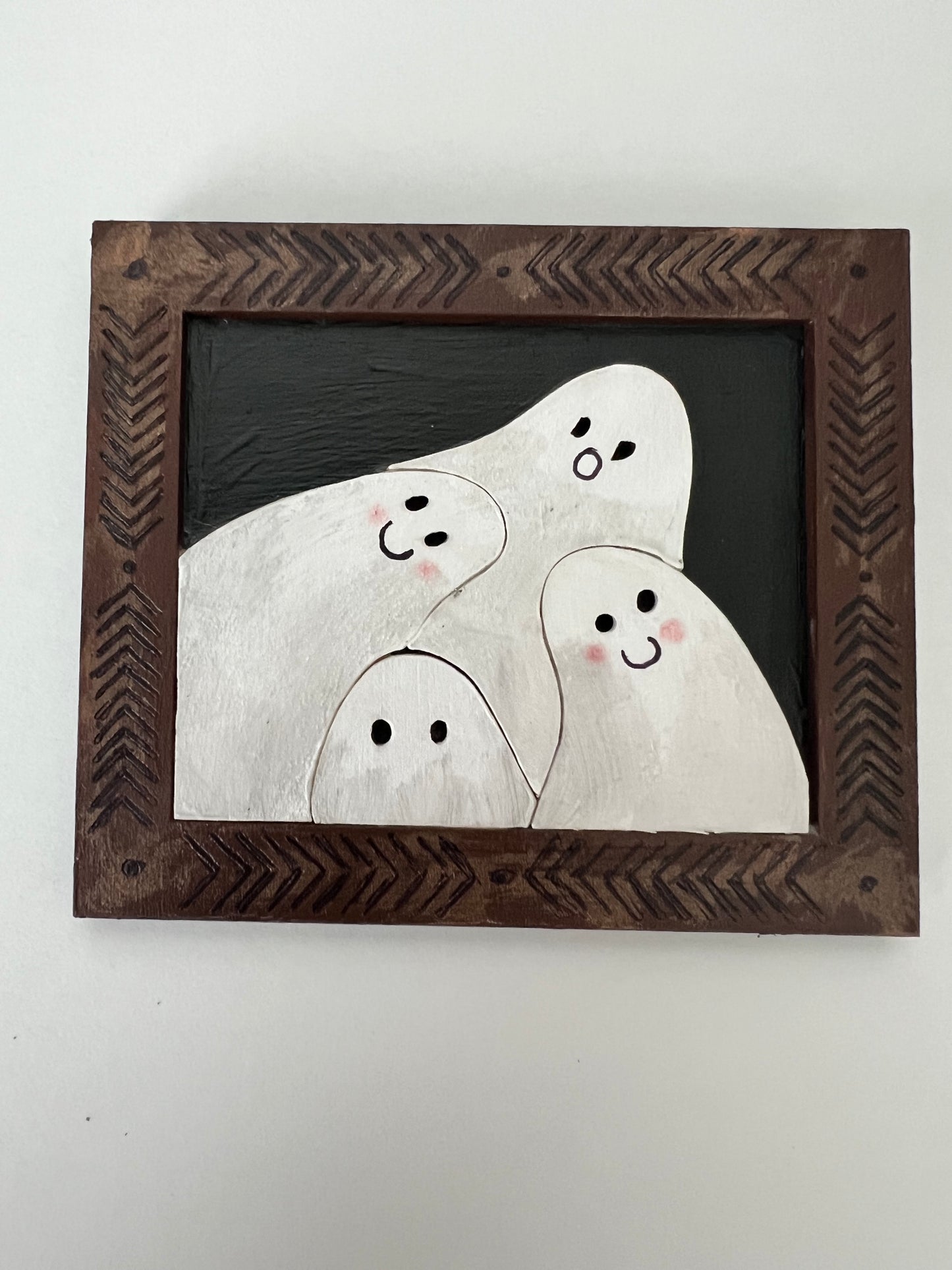 Ghost Portraits - Hand Painted Wooden Four Friendly Ghosties Rectangle Shaped Frame