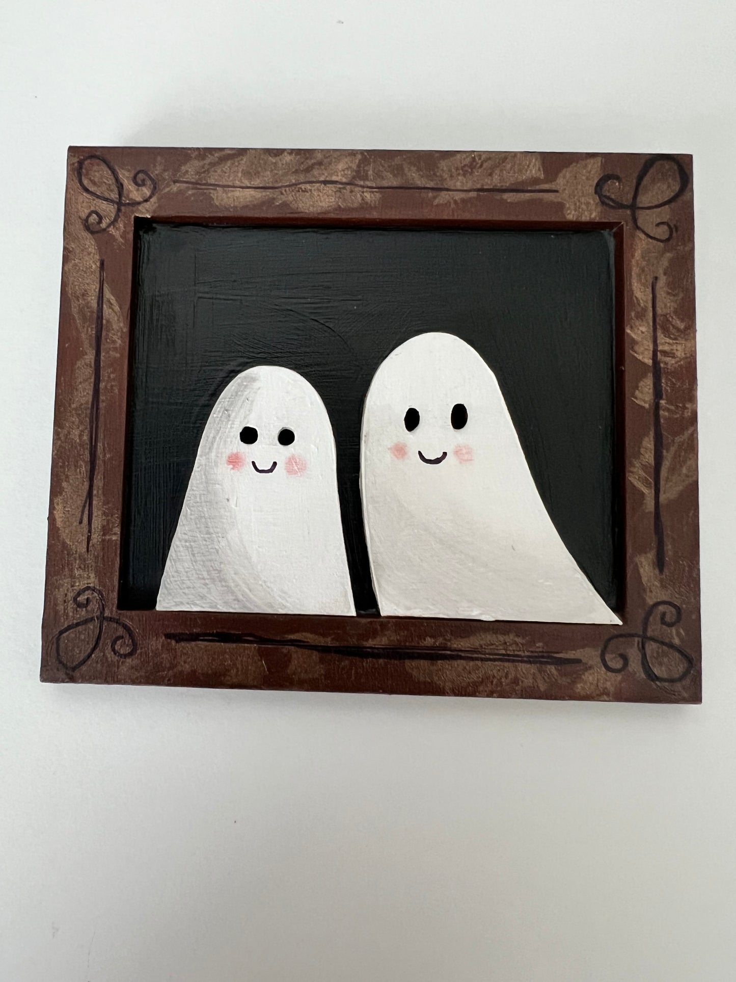 Ghost Portraits - Hand Painted Wooden Two Friendly Ghosties Rectangle Shaped Frame