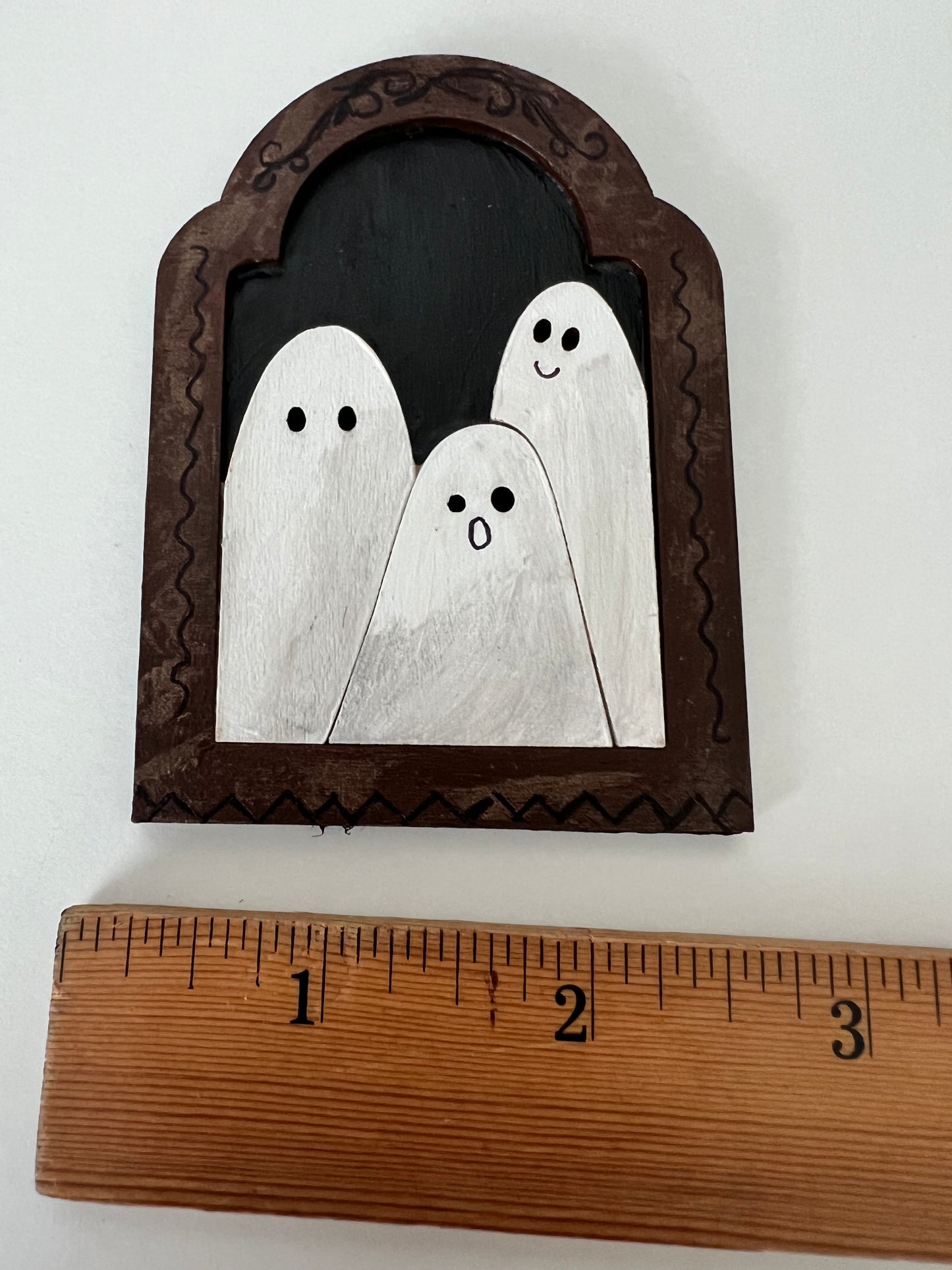 Ghost Portraits - Hand Painted Wooden Trio of Ghosties Gothic Shaped Frame