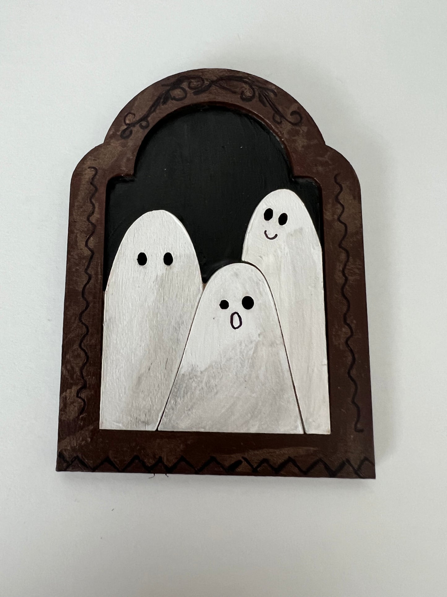 Ghost Portraits - Hand Painted Wooden Trio of Ghosties Gothic Shaped Frame