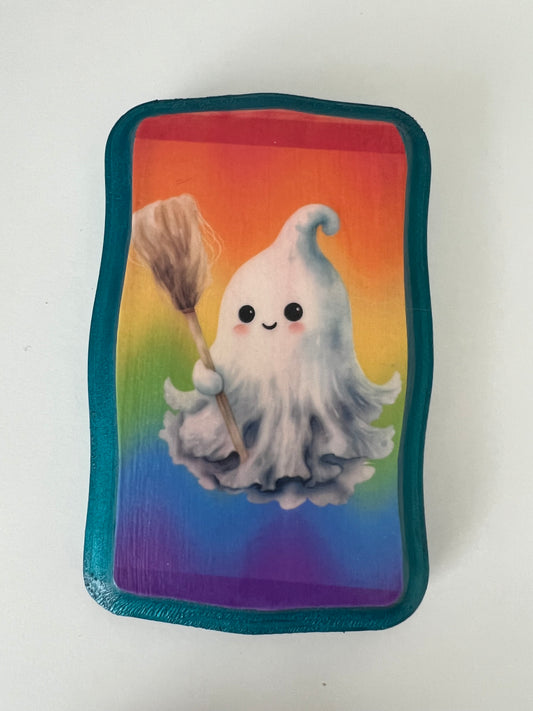 Ghost with Broom - Rectangle Wooden Plaque Wall Hanging
