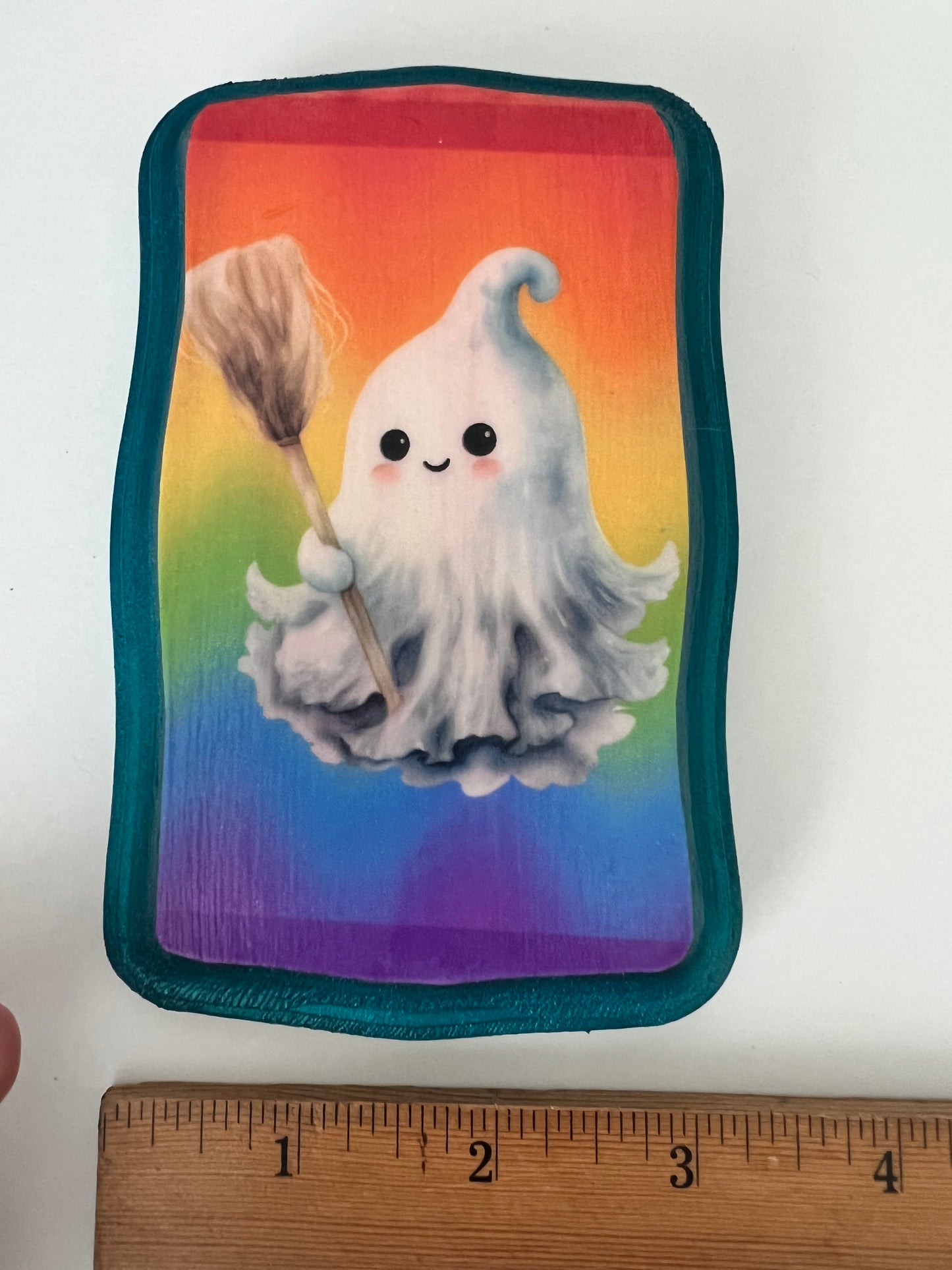 Ghost with Broom - Rectangle Wooden Plaque Wall Hanging