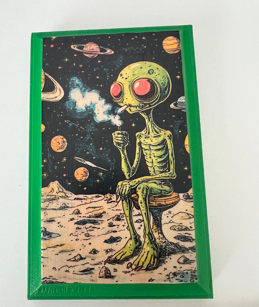Alien Smoking on the Moon - Wooden Plaque Wall Hanging
