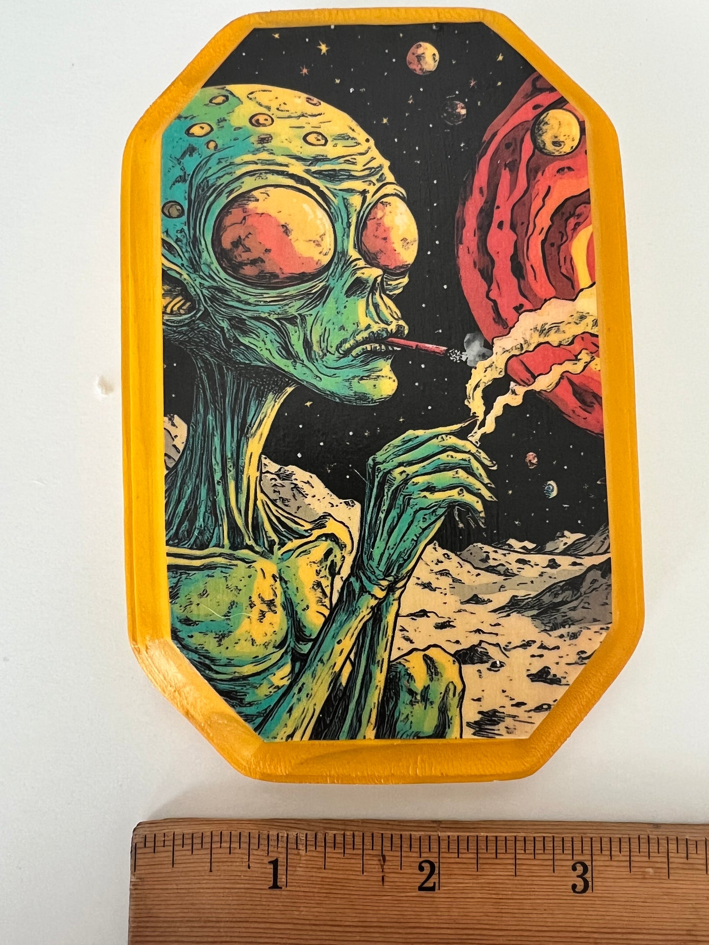 Alien on the Moon - Rectangle Wooden Plaque Wall Hanging