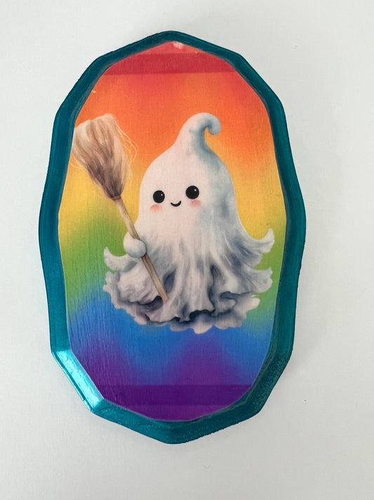 Happy Ghost with Broom Blue Frame - Wooden Plaque Wall Hanging