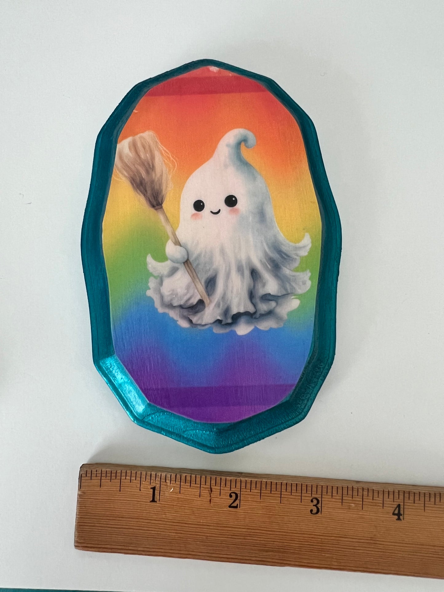Happy Ghost with Broom Blue Frame - Wooden Plaque Wall Hanging