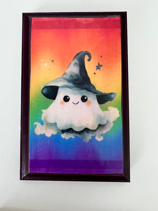 Ghost in a Witch Hat - Rectangle Wooden Plaque Wall Hanging
