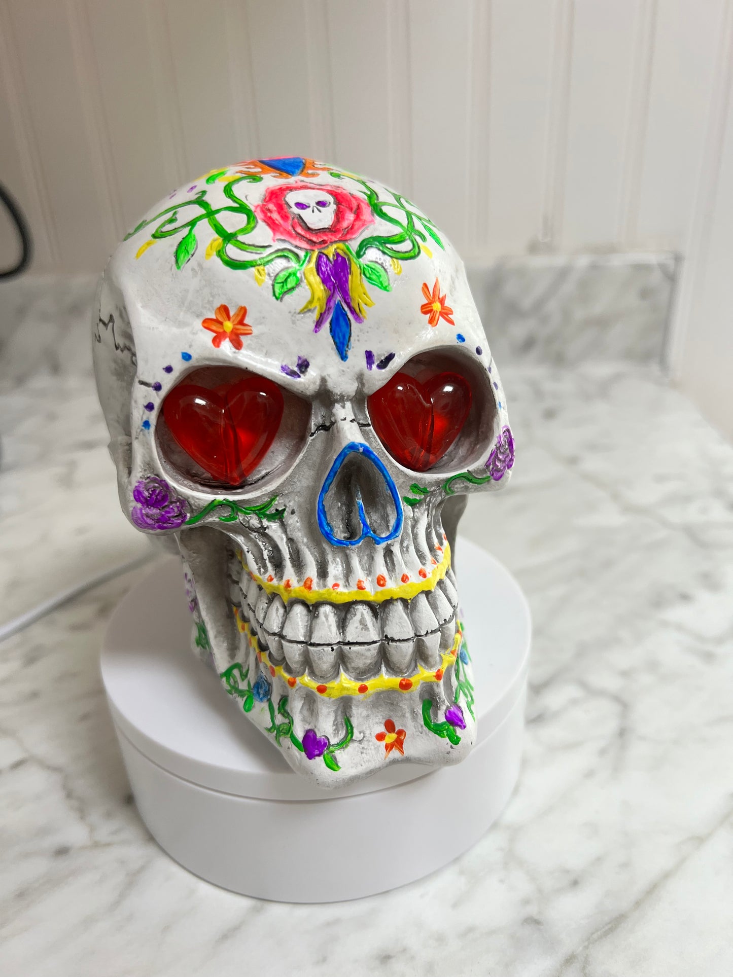 Handpainted Polymer Skull with Light Up Red Heart Eyes