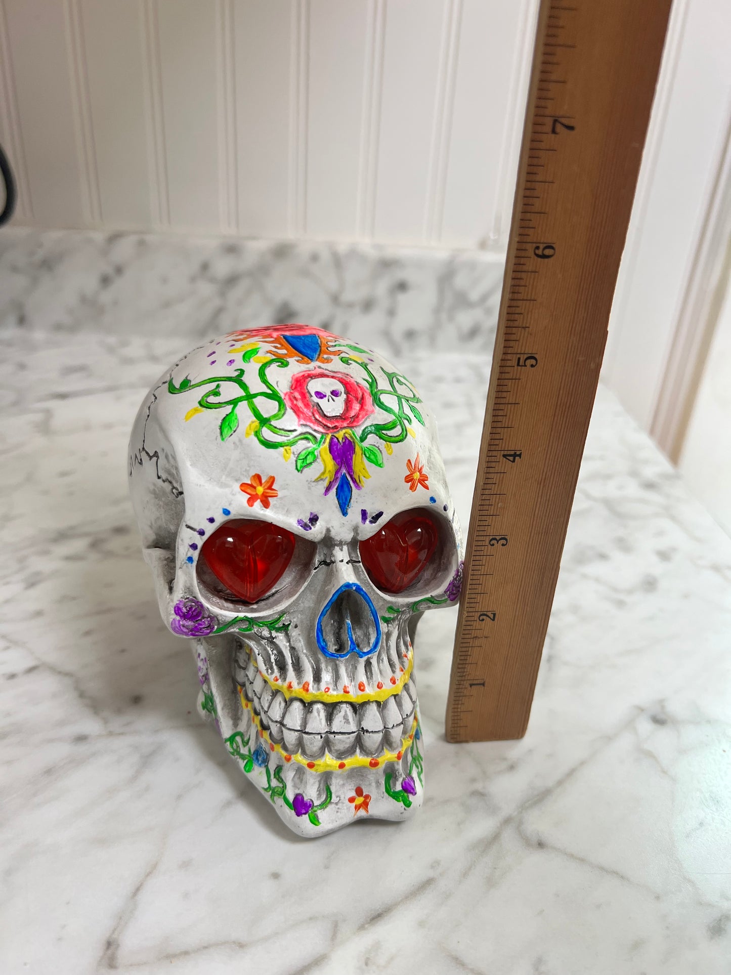 Handpainted Polymer Skull with Light Up Red Heart Eyes