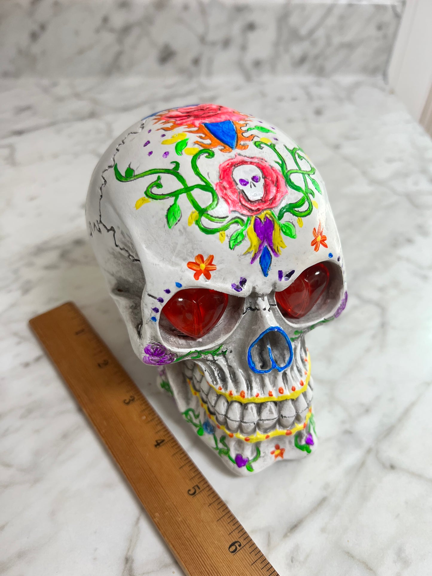 Handpainted Polymer Skull with Light Up Red Heart Eyes