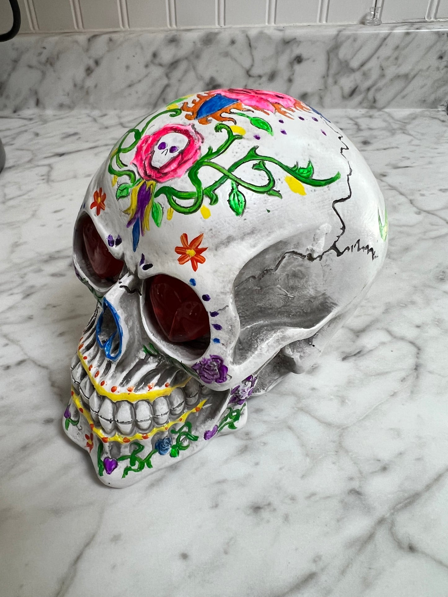 Handpainted Polymer Skull with Light Up Red Heart Eyes