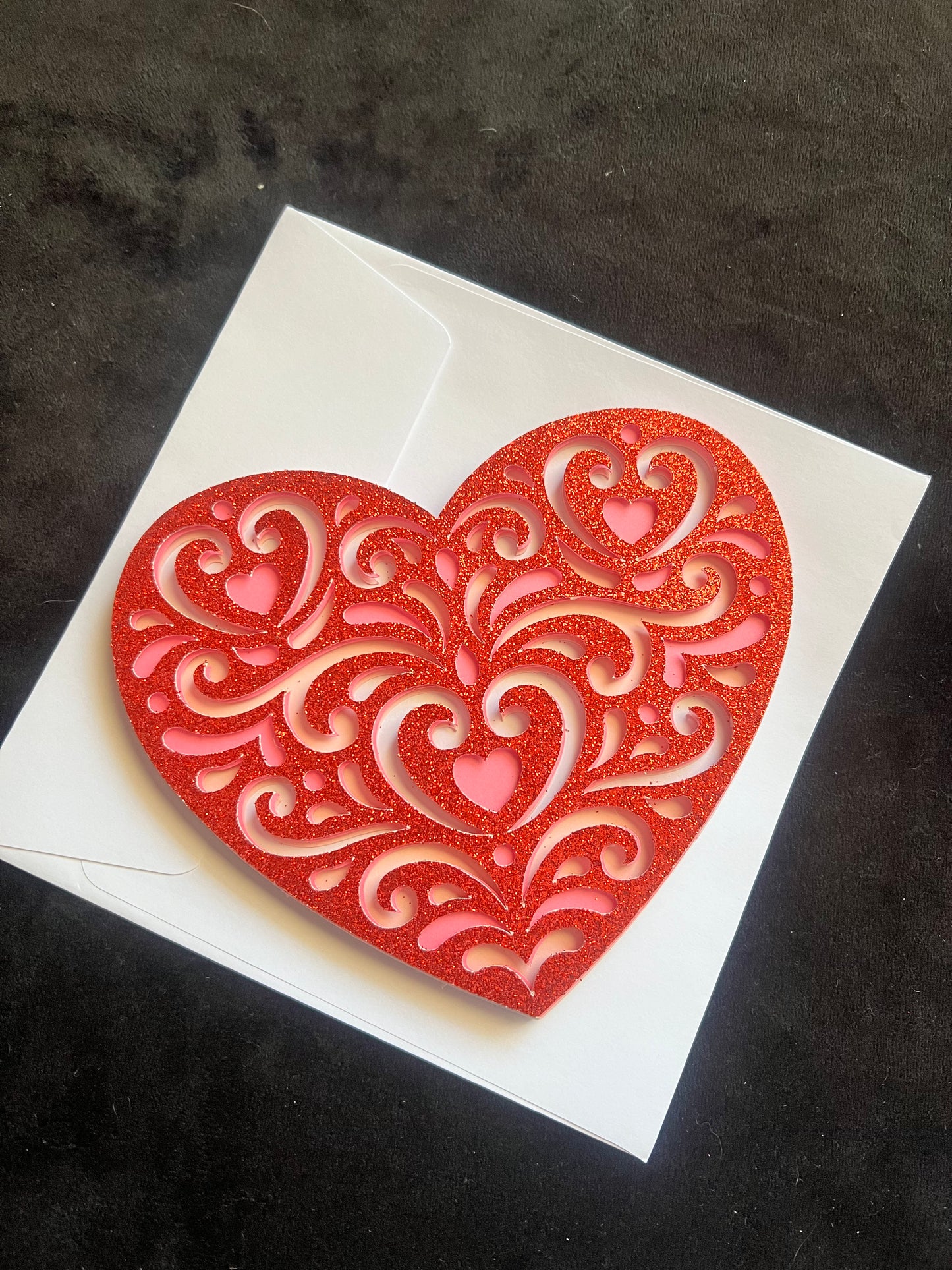 Valentine's Day Card, Glitter Scrollwork, Layered Cardstock, Handmade Keepsake Card