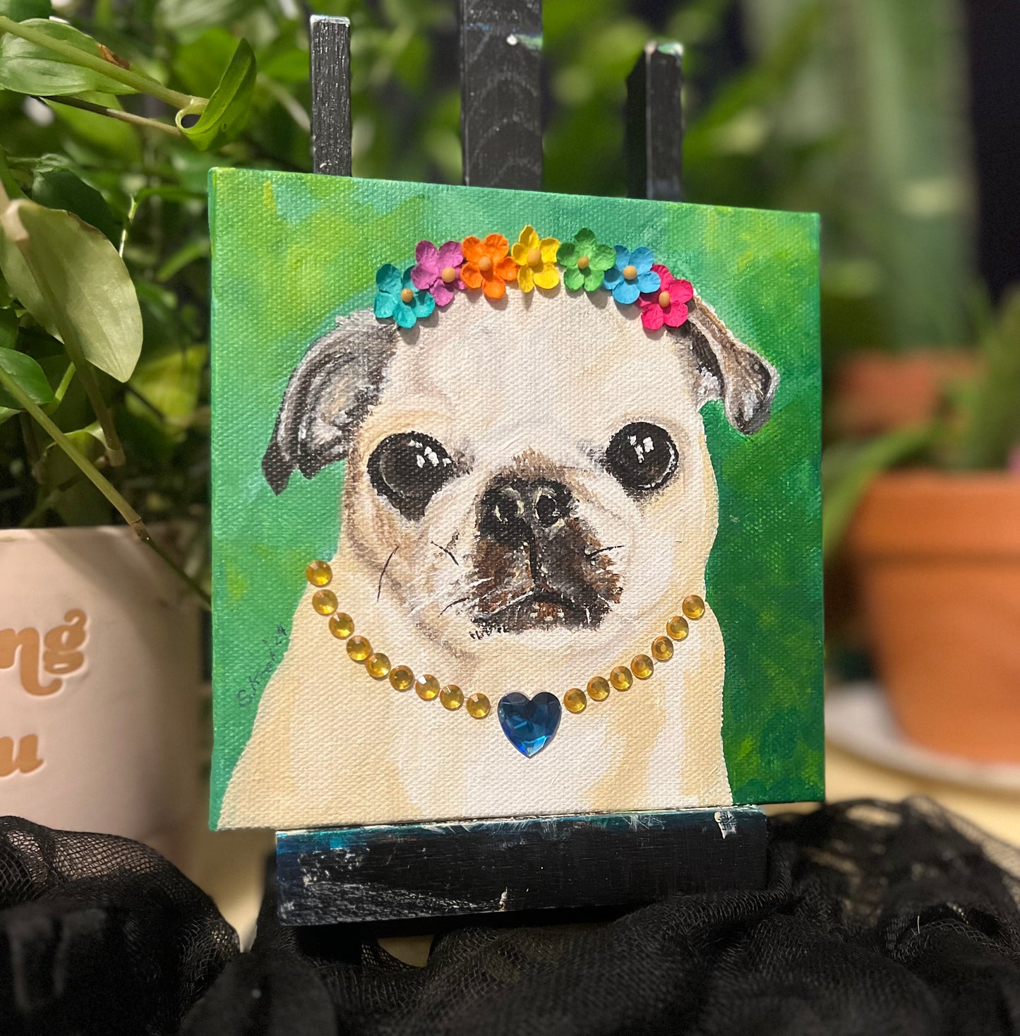 Original Painting, Senior Pug Girl, Katie, Acrylic Painting, Mixed Media