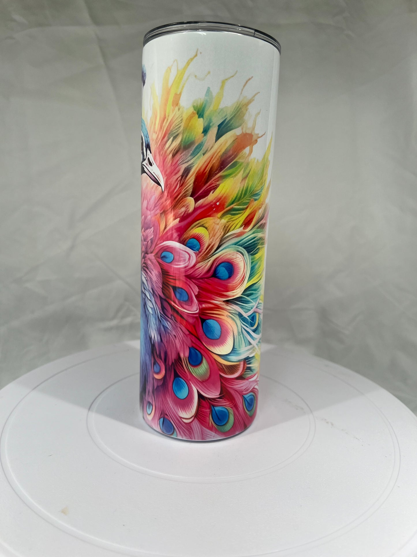 20 oz Stainless Steel Tumbler, Vibrant Watercolor Peacock Design