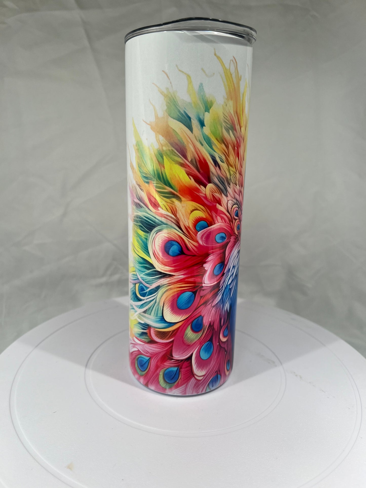 20 oz Stainless Steel Tumbler, Vibrant Watercolor Peacock Design