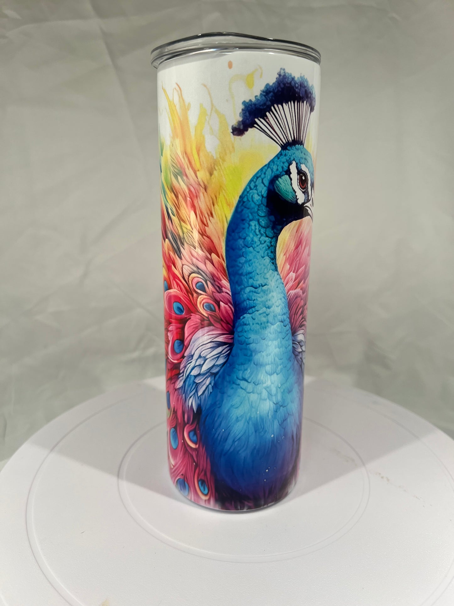 20 oz Stainless Steel Tumbler, Vibrant Watercolor Peacock Design