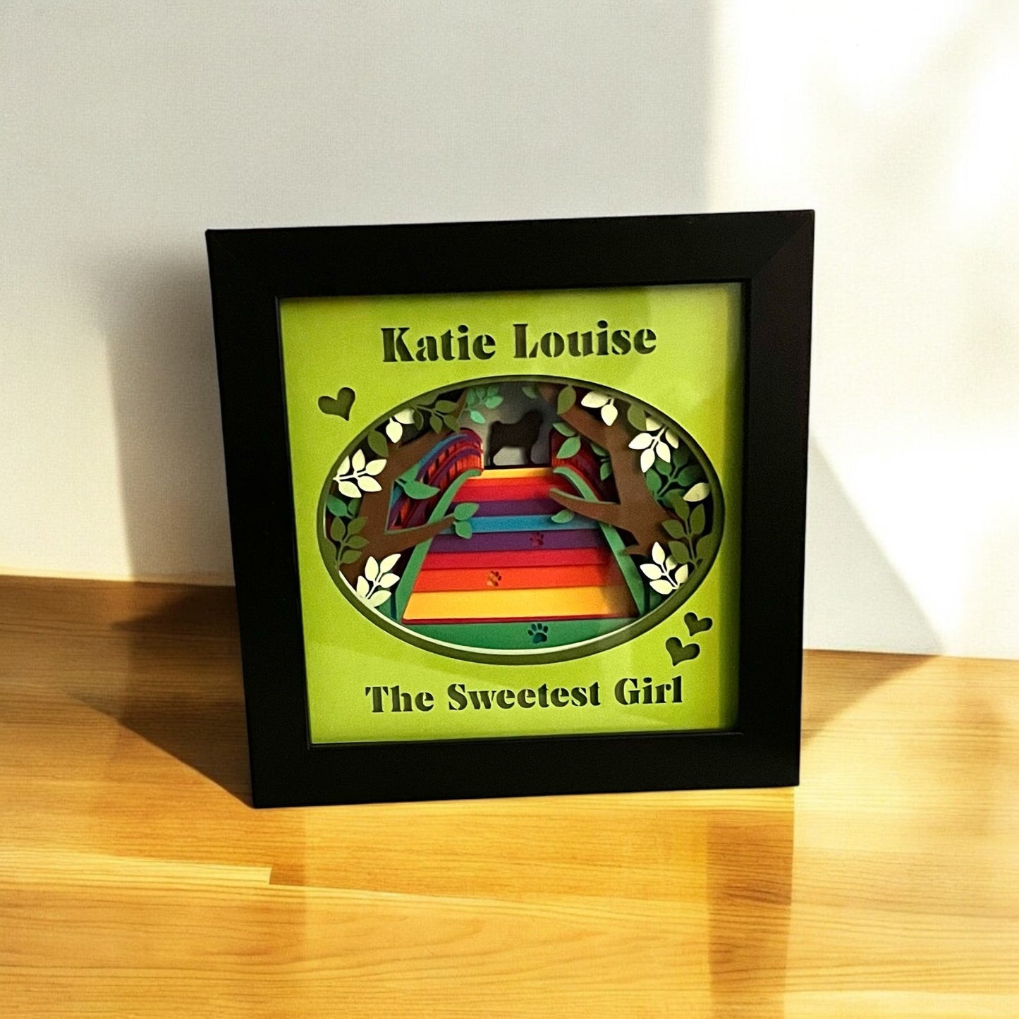 Pet Memorial Shadow Box - Small Rainbow Bridge Wooden and Glass Frame Custom Name Date and 300 Dog Breeds To Choose - A Kitty Too