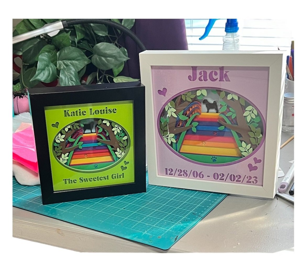 Pet Memorial Shadow Box - Small Rainbow Bridge Wooden and Glass Frame Custom Name Date and 300 Dog Breeds To Choose - A Kitty Too