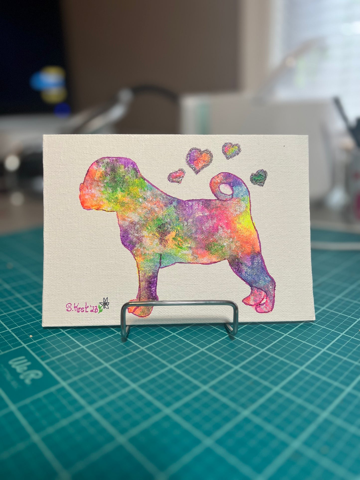 Acrylic Pug Painting, One of a Kind, Mixed Media Acrylic Paint, Glitter, Ink
